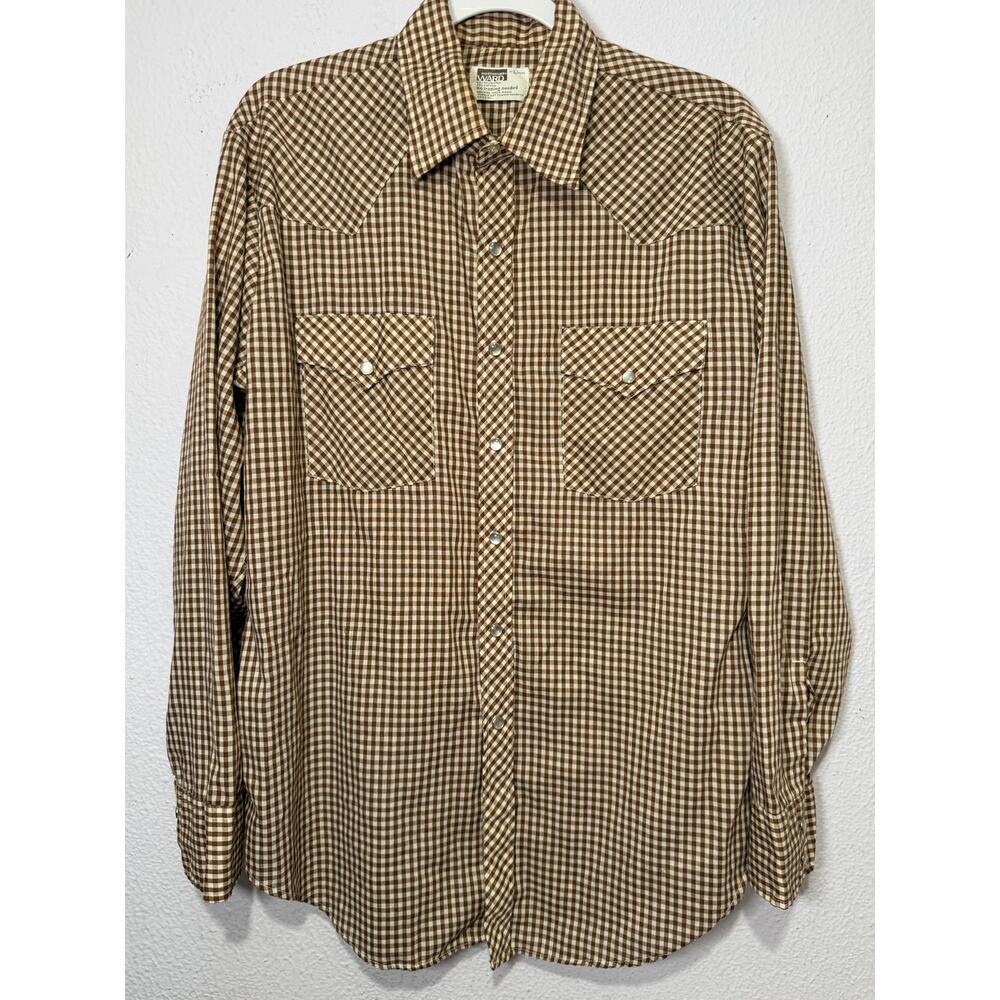 Vtg Montgomery Ward Men Shirt Western Gingham Brown Pearl Snap L Ranch Cowboy